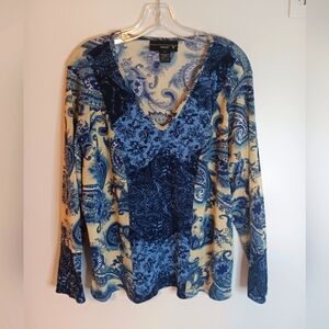 Vintage Venezia Boho Paisley Print Blouse Top Blue Sz 14 Y2K